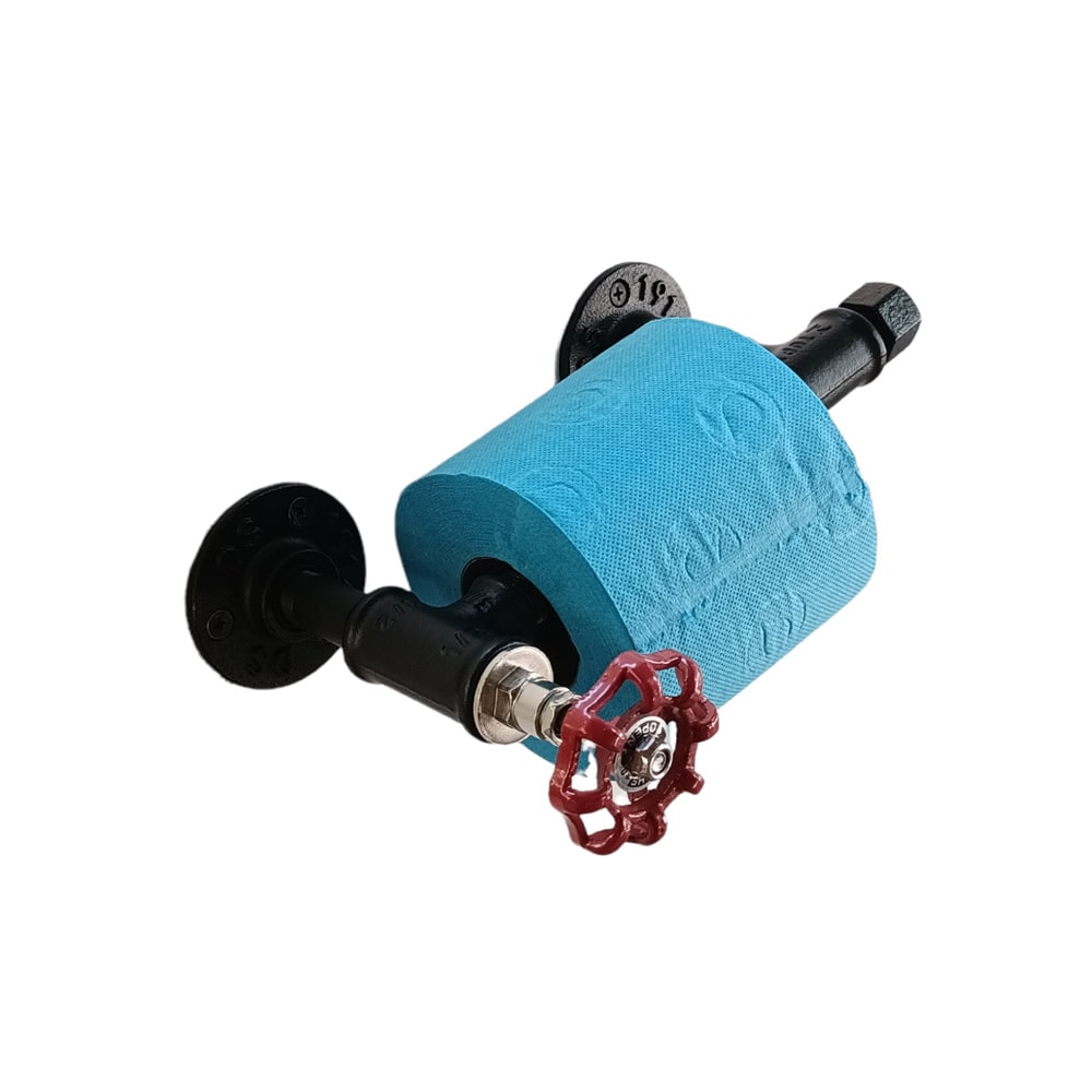support papier toilette noir pour un style industriel avec vanne rouge et papier toilette