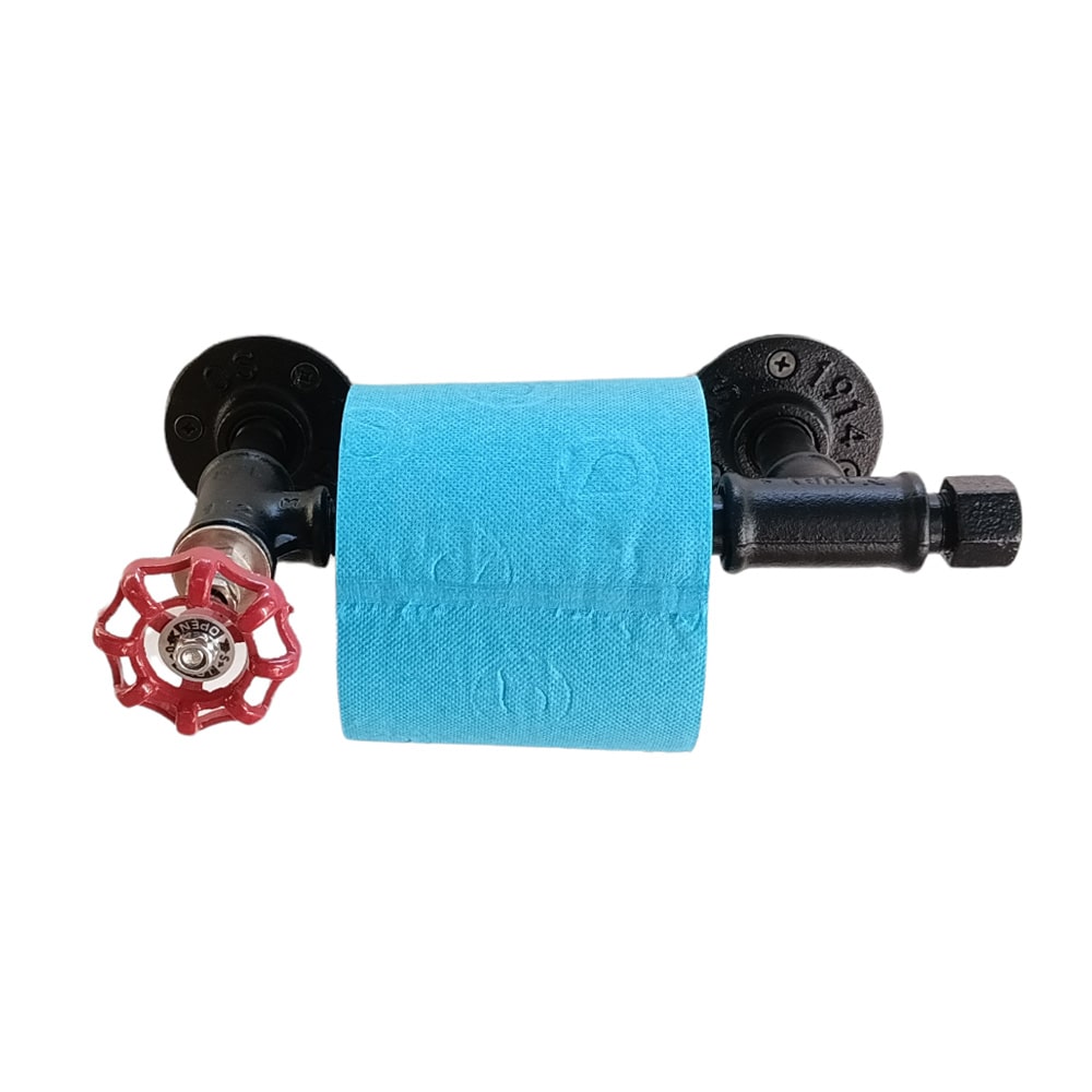 support papier toilette noir pour un style industriel avec vanne rouge et papier toilette