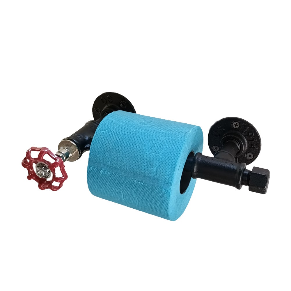 support papier toilette noir pour un style industriel avec vanne rouge et papier toilette