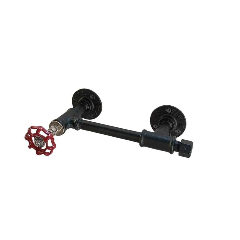 assemblage support papier toilette noir pour un style industriel avec vanne rouge et papier toilette