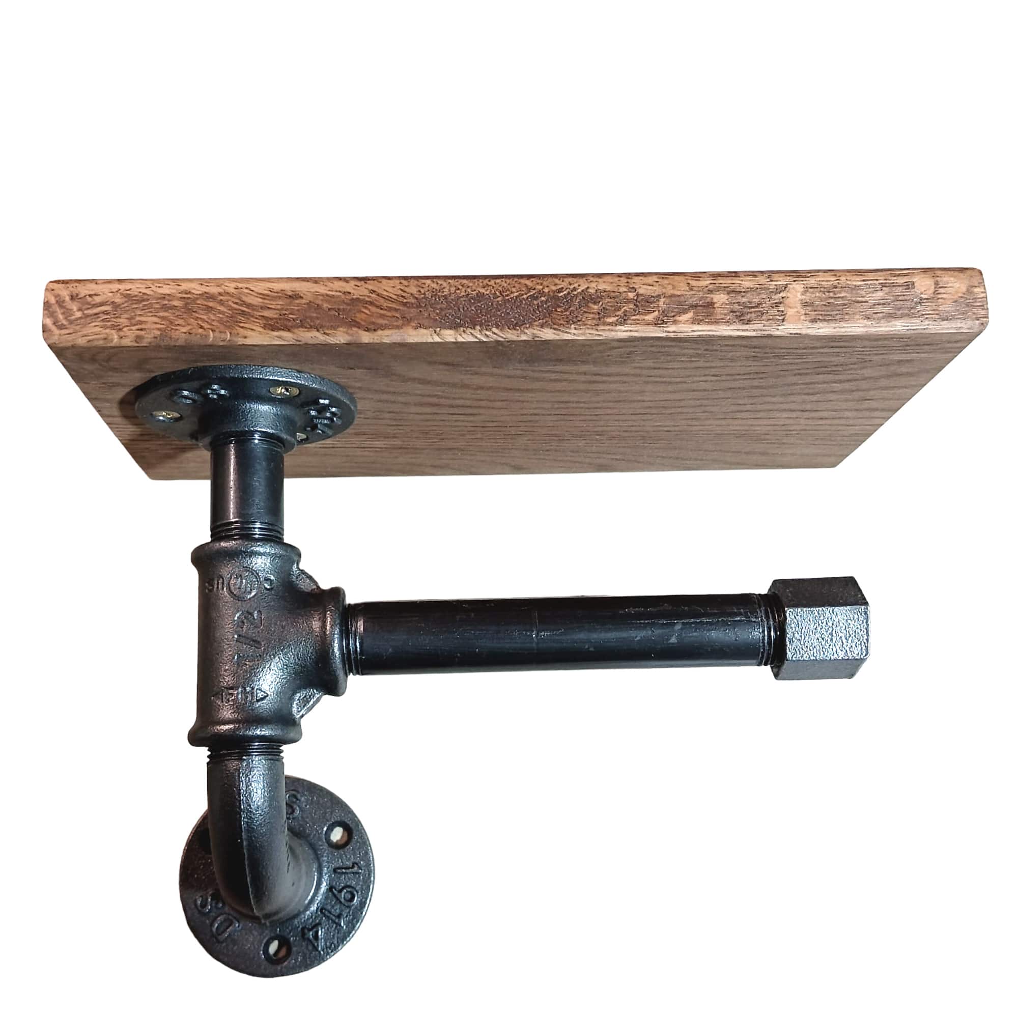 Tablette en bois de chêne massif sur porte-papier toilette industriel